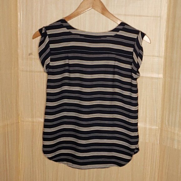 Ann Taylor Factory Petite Navy White Gold Striped Silky Blouse XS - Picture 2 of 5
